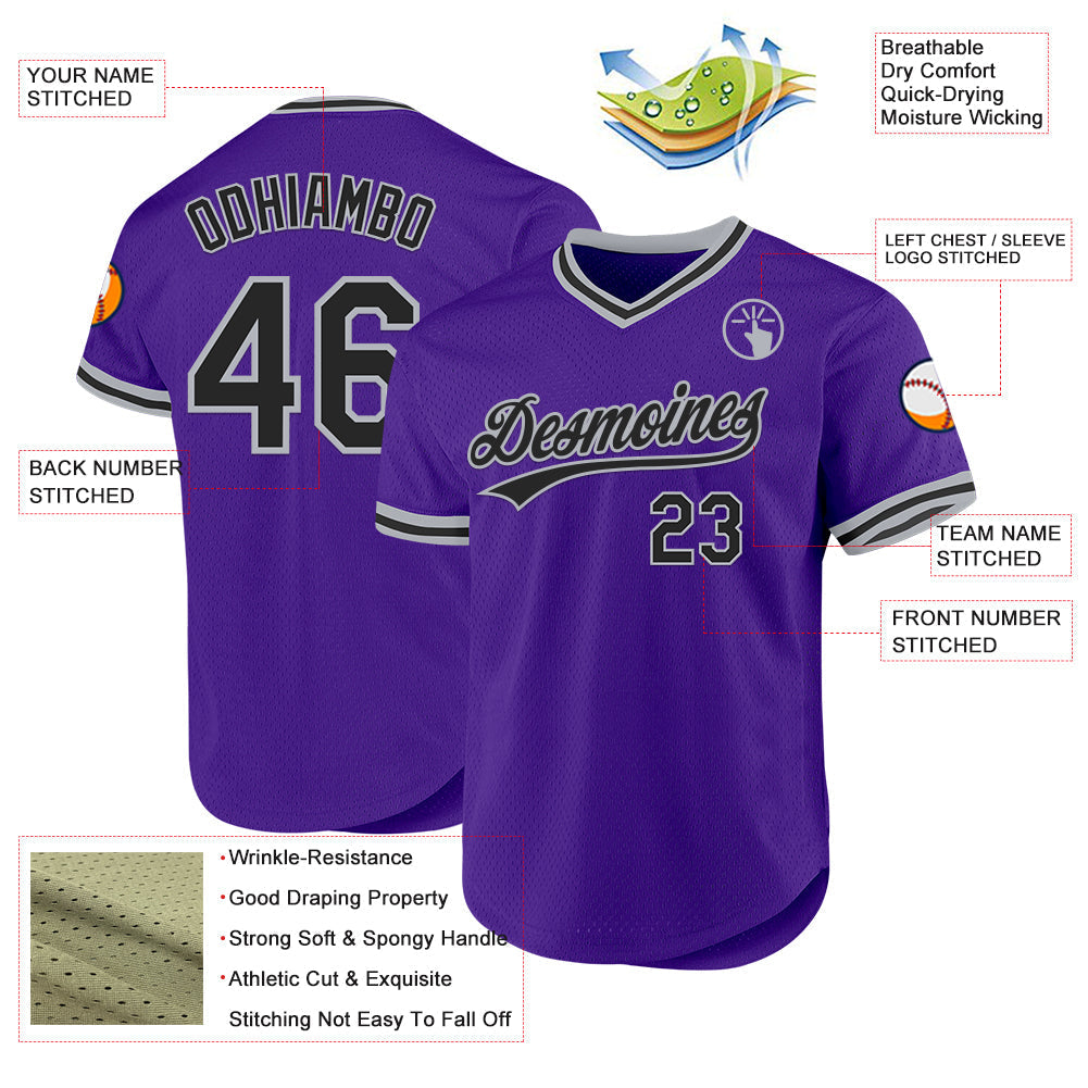 Custom Purple Black-Gray Authentic Throwback Baseball Jersey baseball jersey product view 3