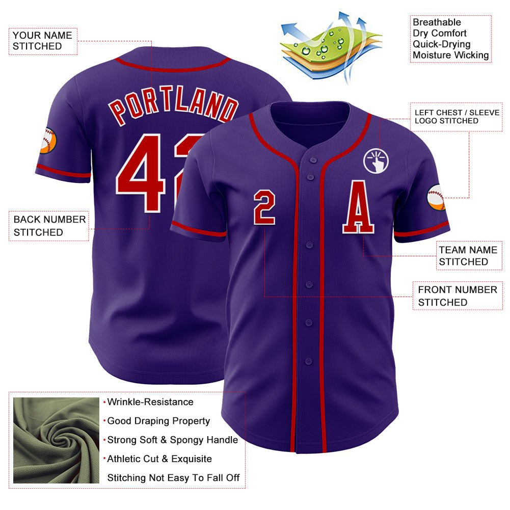 Custom Purple Red-White Authentic Baseball Jersey baseball jersey product view 2