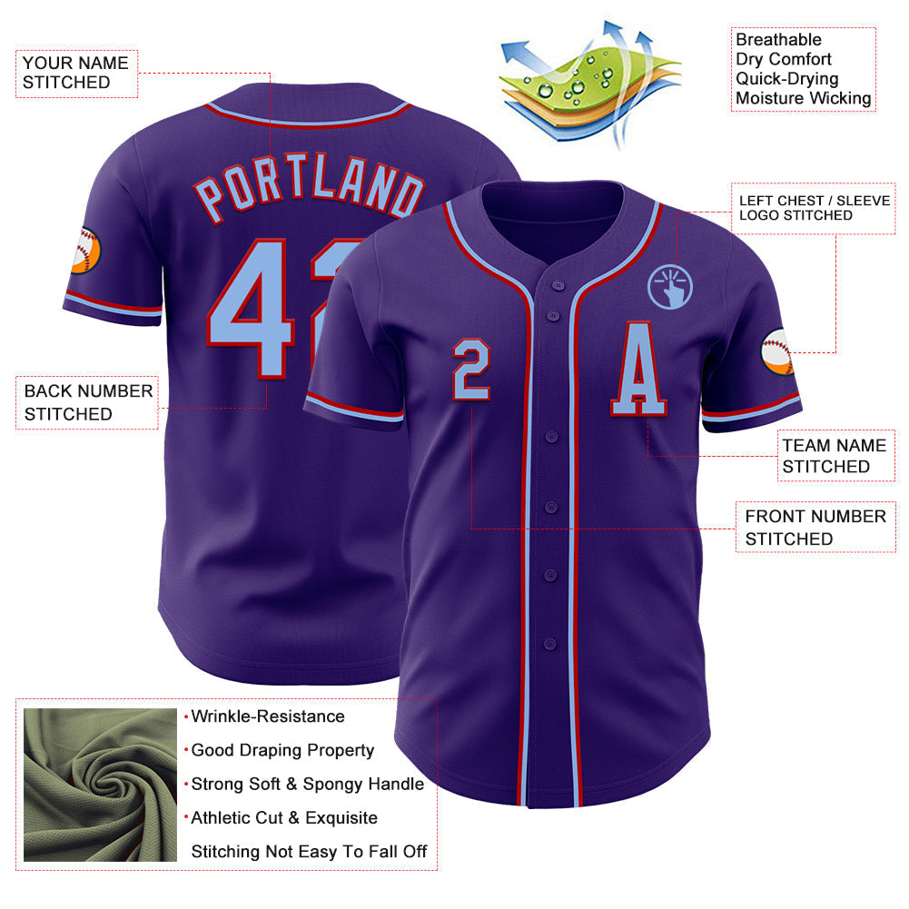 Custom Purple Light Blue-Red Authentic Baseball Jersey baseball jersey product view 2