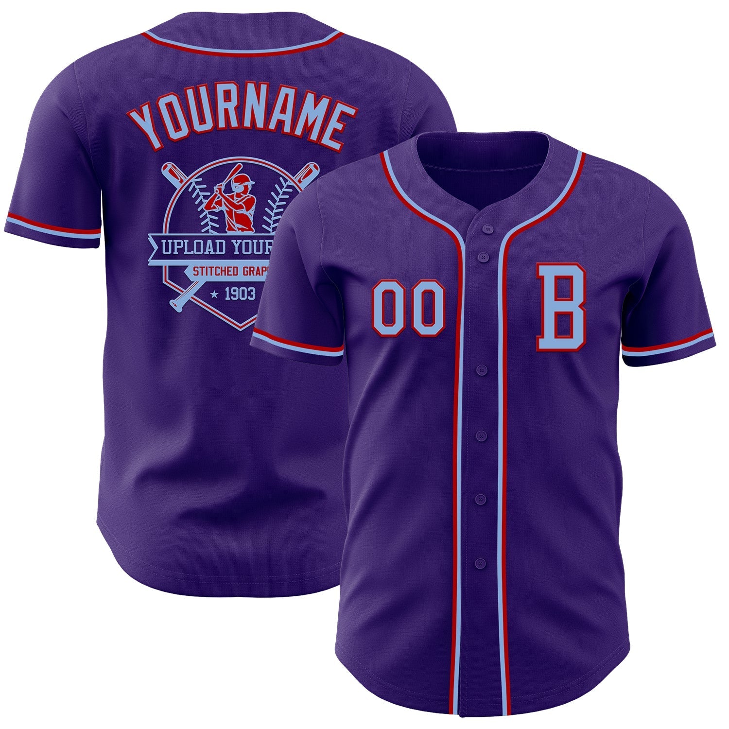 Custom Purple Light Blue-Red Authentic Baseball Jersey baseball jersey product view 5