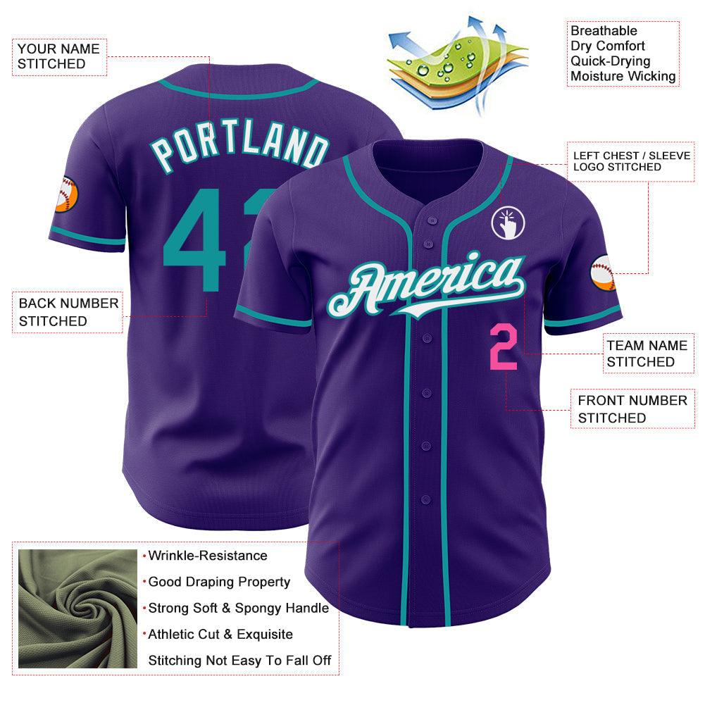 Custom Purple Teal Pink-White Authentic Baseball Jersey baseball jersey product view 3