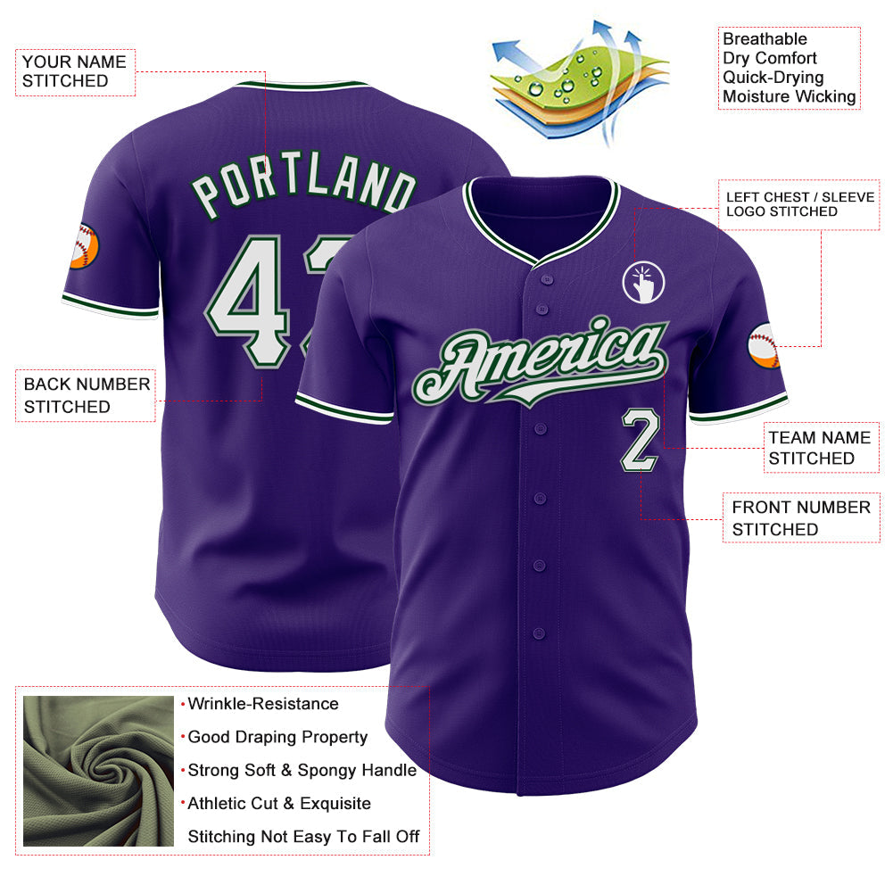 Custom Purple White Green-Gray Authentic Baseball Jersey baseball jersey product view 3