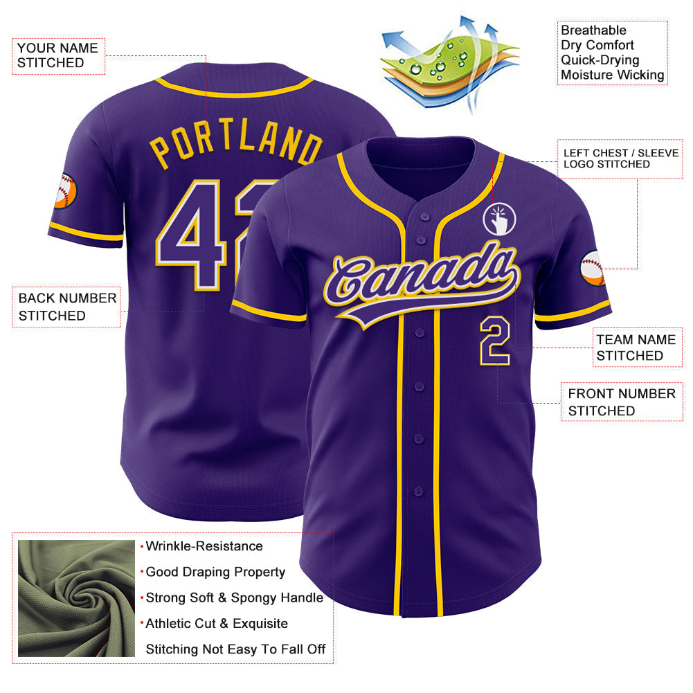 Custom Purple White-Yellow Authentic Baseball Jersey baseball jersey product view 3