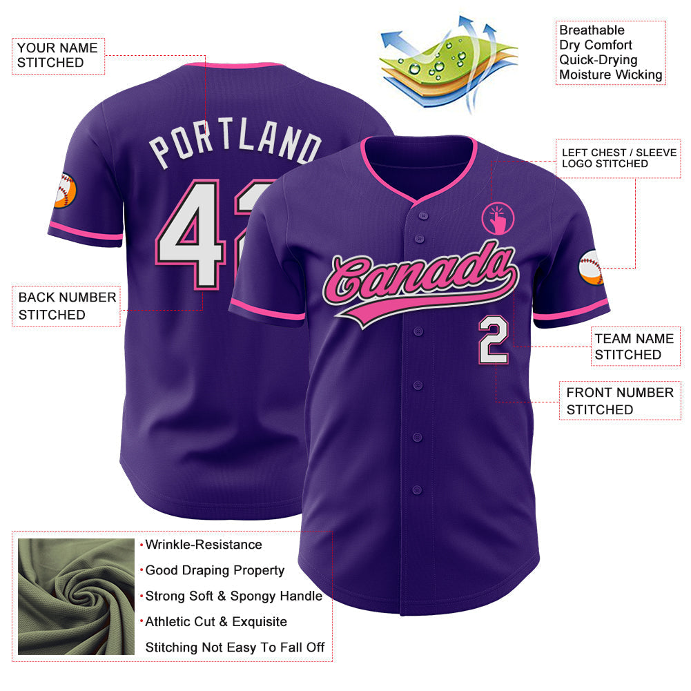Custom Purple White Black-Pink Authentic Baseball Jersey baseball jersey product view 3
