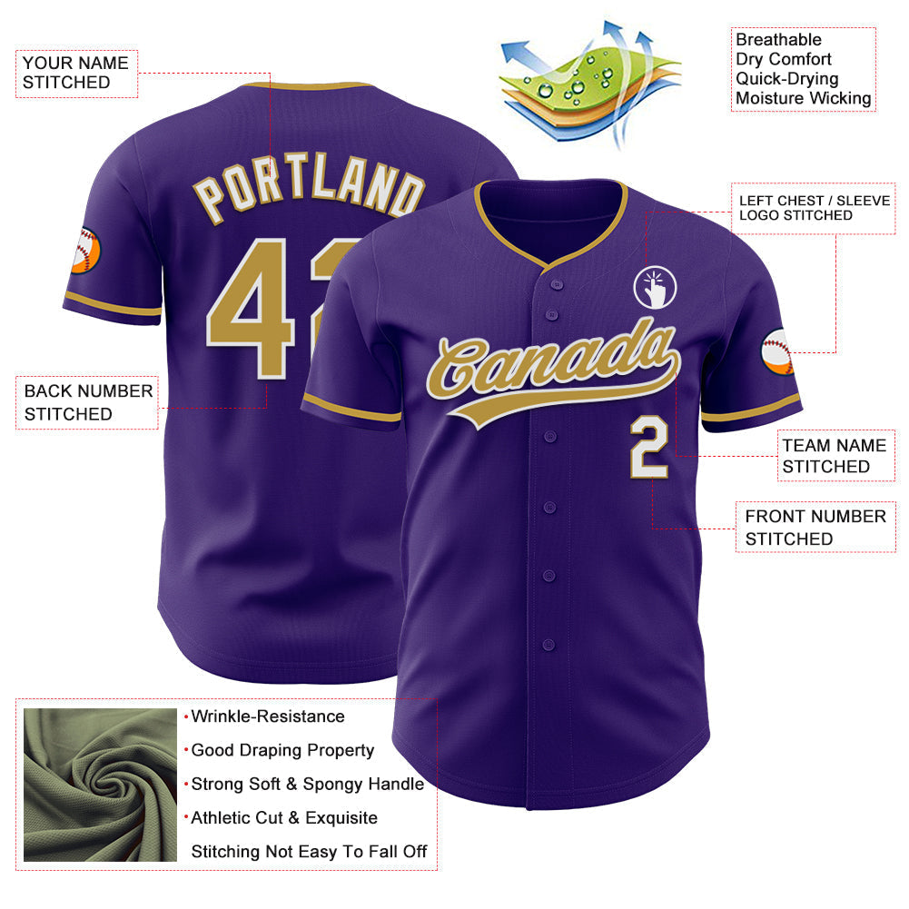 Custom Purple Old Gold-White Authentic Baseball Jersey baseball jersey product view 3