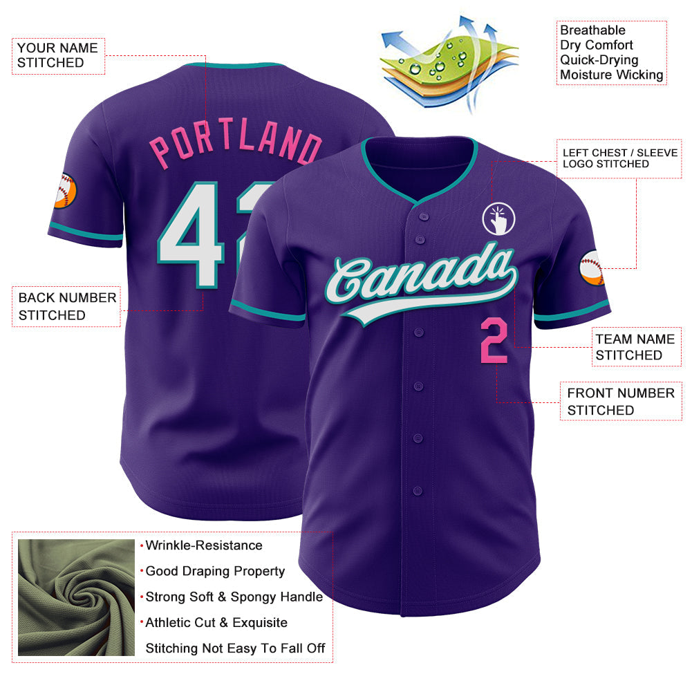 Custom Purple White Teal-Pink Authentic Baseball Jersey baseball jersey product view 3