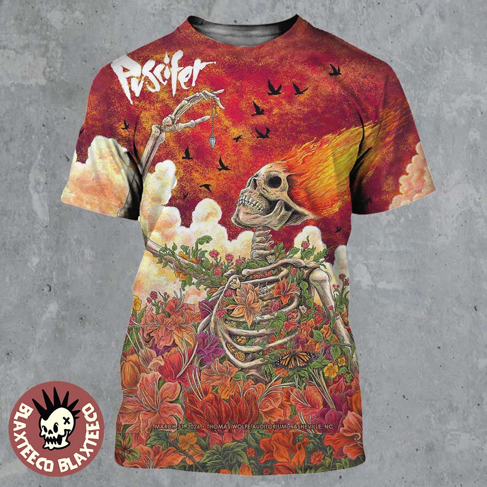 Puscifer Asheville North Carolina 2026 Gig Poster At Thomas Wolfe Auditorium On March 31 2026 Floral Flame Skeleton Art All Over Print Shirt - T-Shirt, Sweatshirt, Hoodie