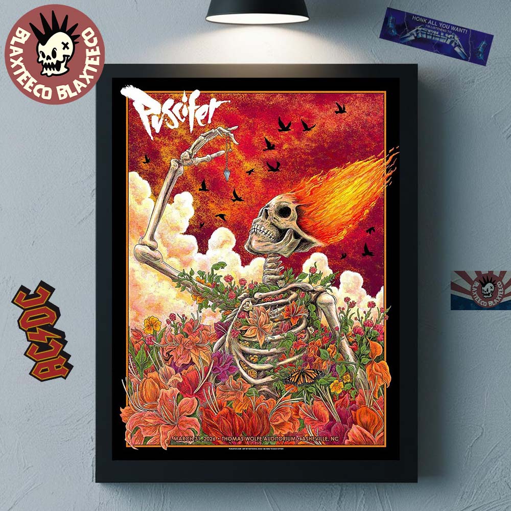 Puscifer Asheville North Carolina 2026 Gig Poster At Thomas Wolfe Auditorium On March 31 2026 Floral Flame Skeleton Art Poster Canvas - T-Shirt, Sweatshirt, Hoodie