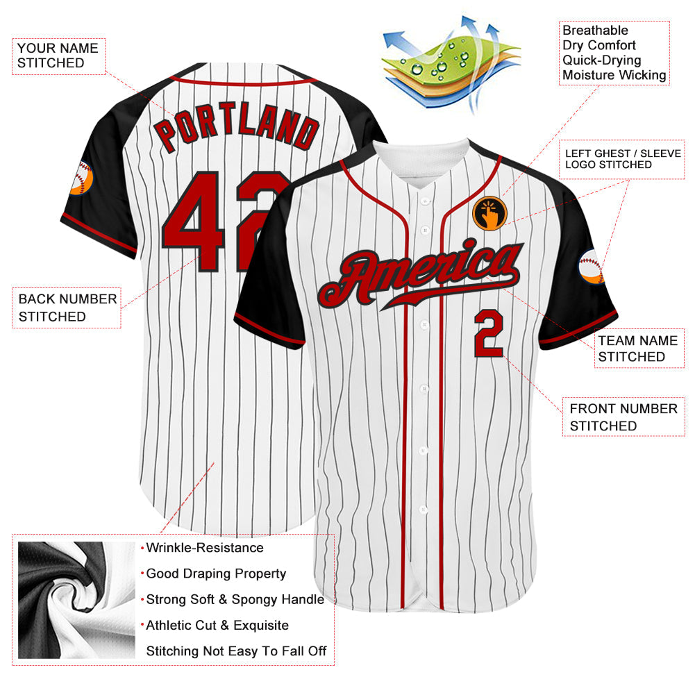 Custom White Black Pinstripe Red-Black Authentic Raglan Sleeves Baseball Jersey baseball jersey product view 3