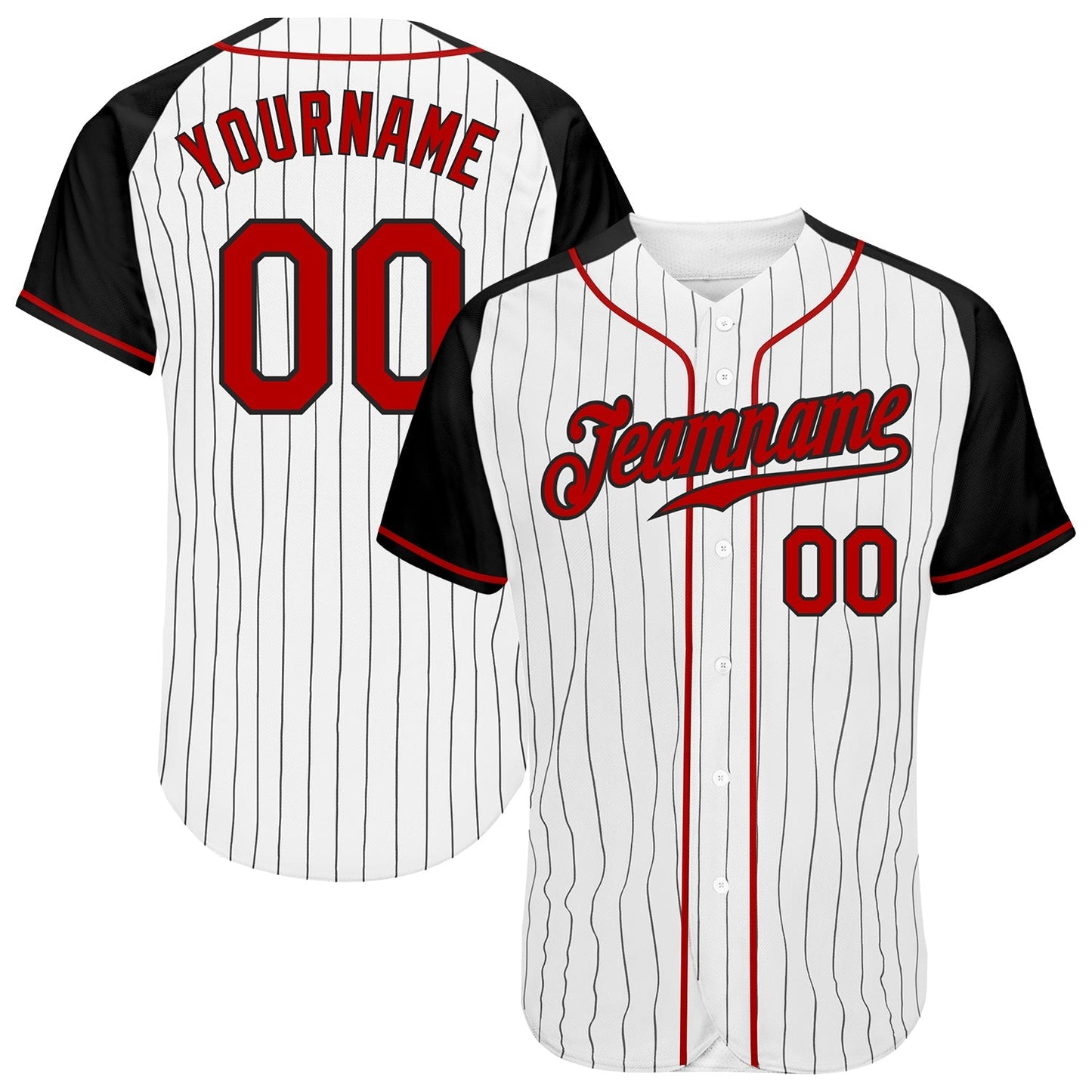 Custom White Black Pinstripe Red-Black Authentic Raglan Sleeves Baseball Jersey baseball jersey product view 1