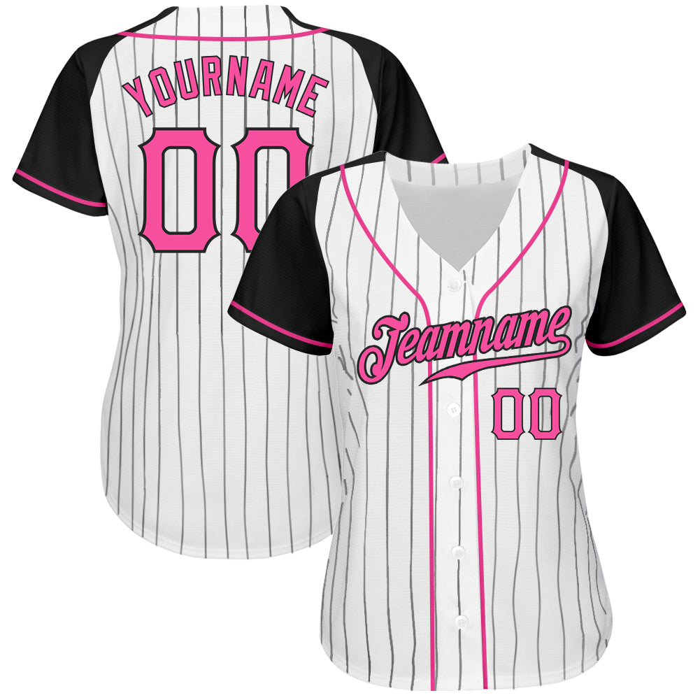 Custom White Black Pinstripe Pink-Black Authentic Raglan Sleeves Baseball Jersey baseball jersey product view 2