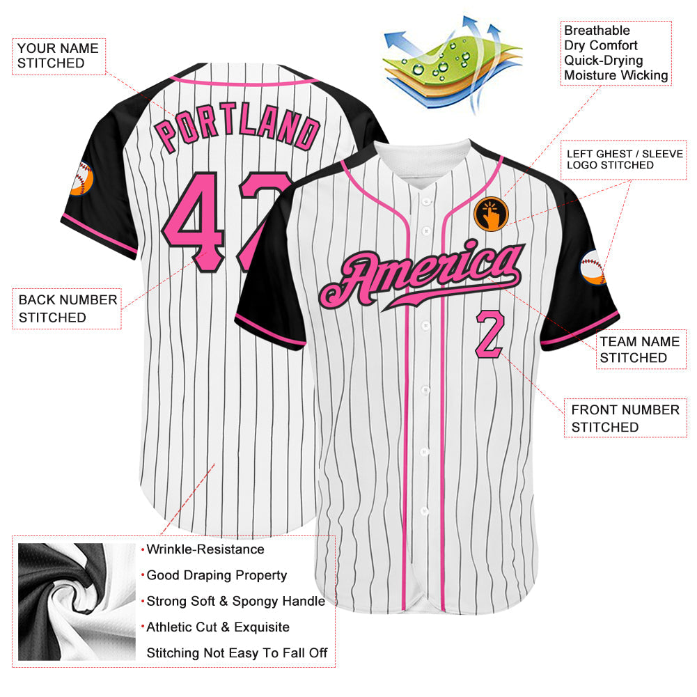 Custom White Black Pinstripe Pink-Black Authentic Raglan Sleeves Baseball Jersey baseball jersey product view 3