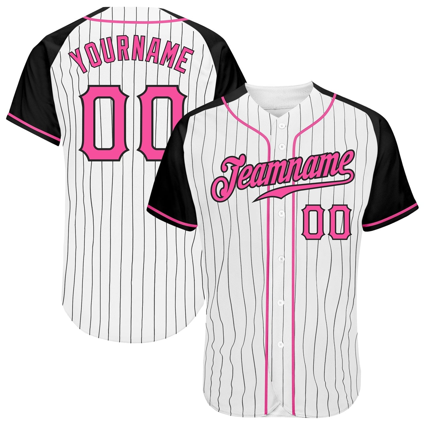 Custom White Black Pinstripe Pink-Black Authentic Raglan Sleeves Baseball Jersey baseball jersey product view 1