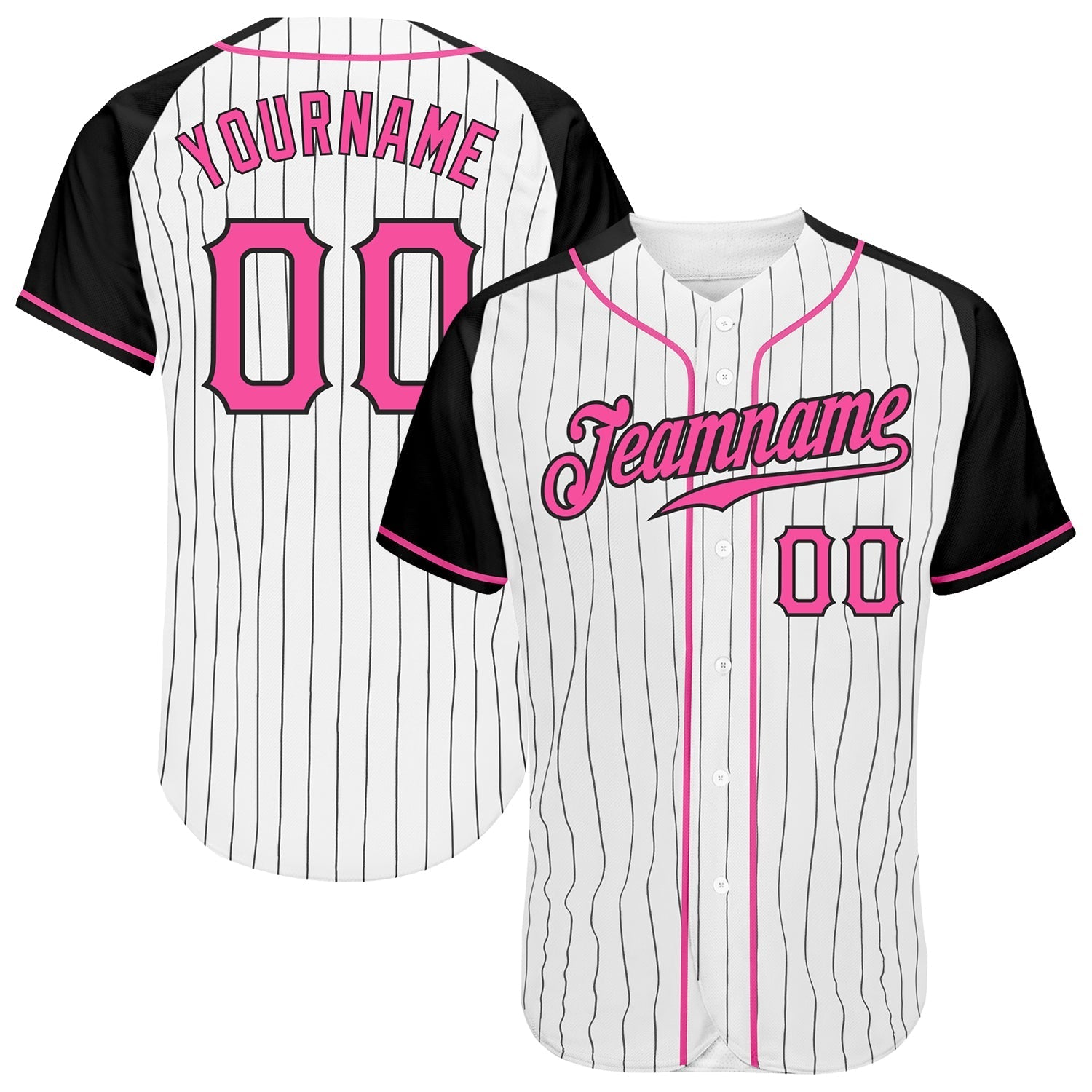 Custom White Black Pinstripe Pink-Black Authentic Raglan Sleeves Baseball Jersey baseball jersey product view 1