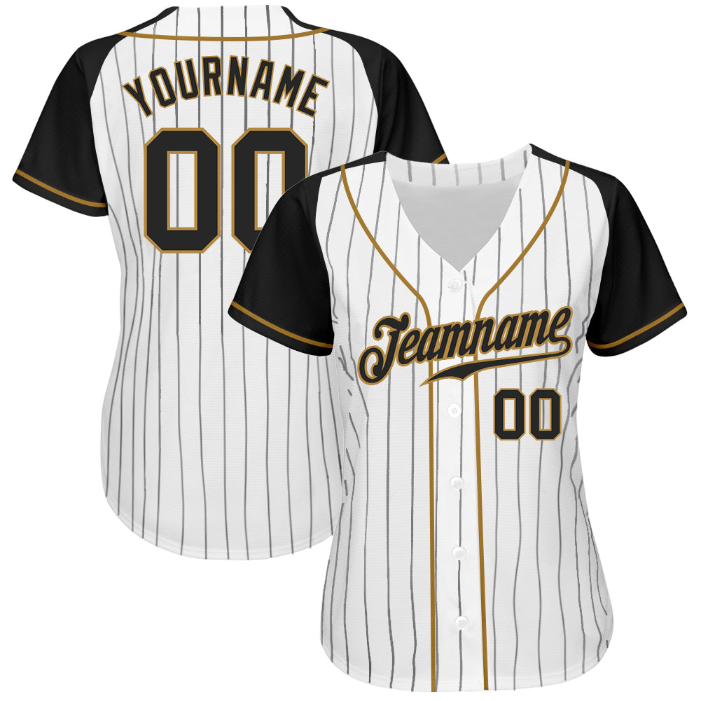 Custom White Black Pinstripe Black-Old Gold Authentic Raglan Sleeves Baseball Jersey baseball jersey product view 2