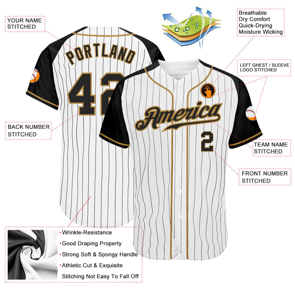 Custom White Black Pinstripe Black-Old Gold Authentic Raglan Sleeves Baseball Jersey baseball jersey product view 3