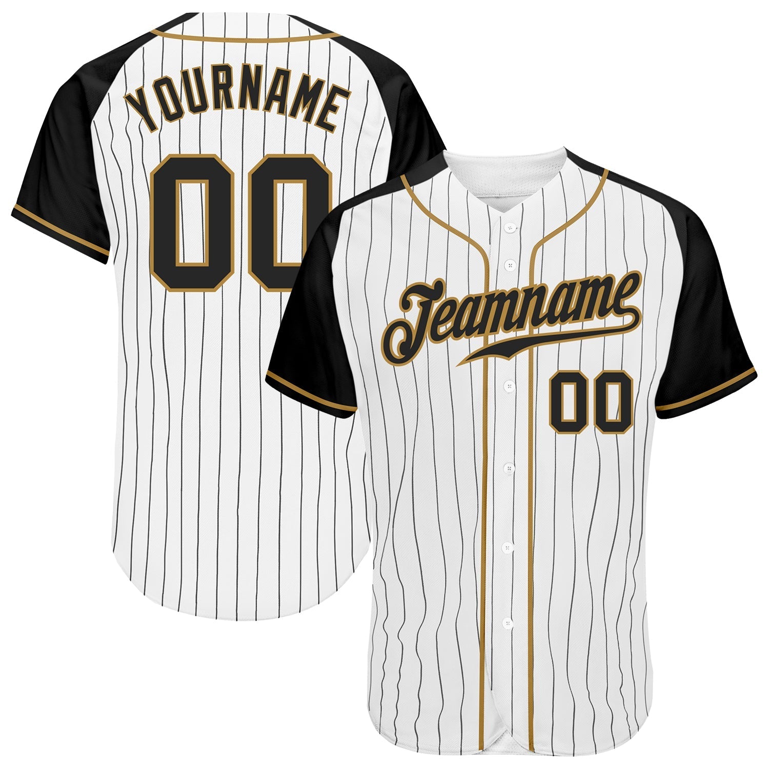 Custom White Black Pinstripe Black-Old Gold Authentic Raglan Sleeves Baseball Jersey baseball jersey product view 1