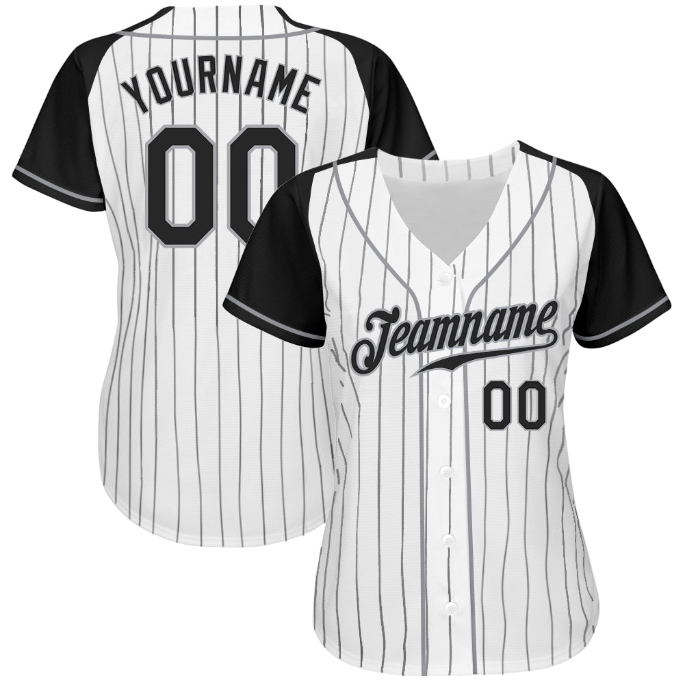 Custom White Black Pinstripe Black-Gray Authentic Raglan Sleeves Baseball Jersey baseball jersey product view 2