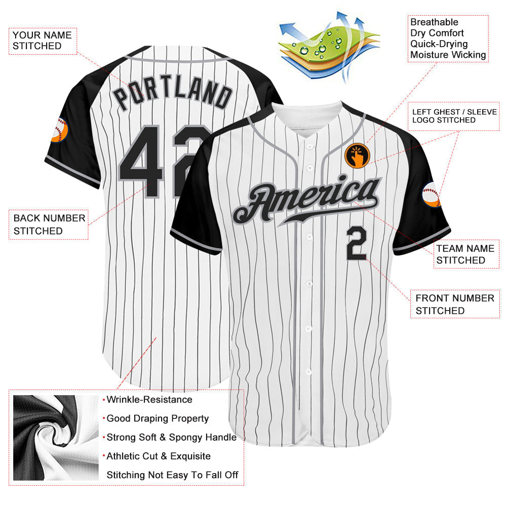 Custom White Black Pinstripe Black-Gray Authentic Raglan Sleeves Baseball Jersey baseball jersey product view 3