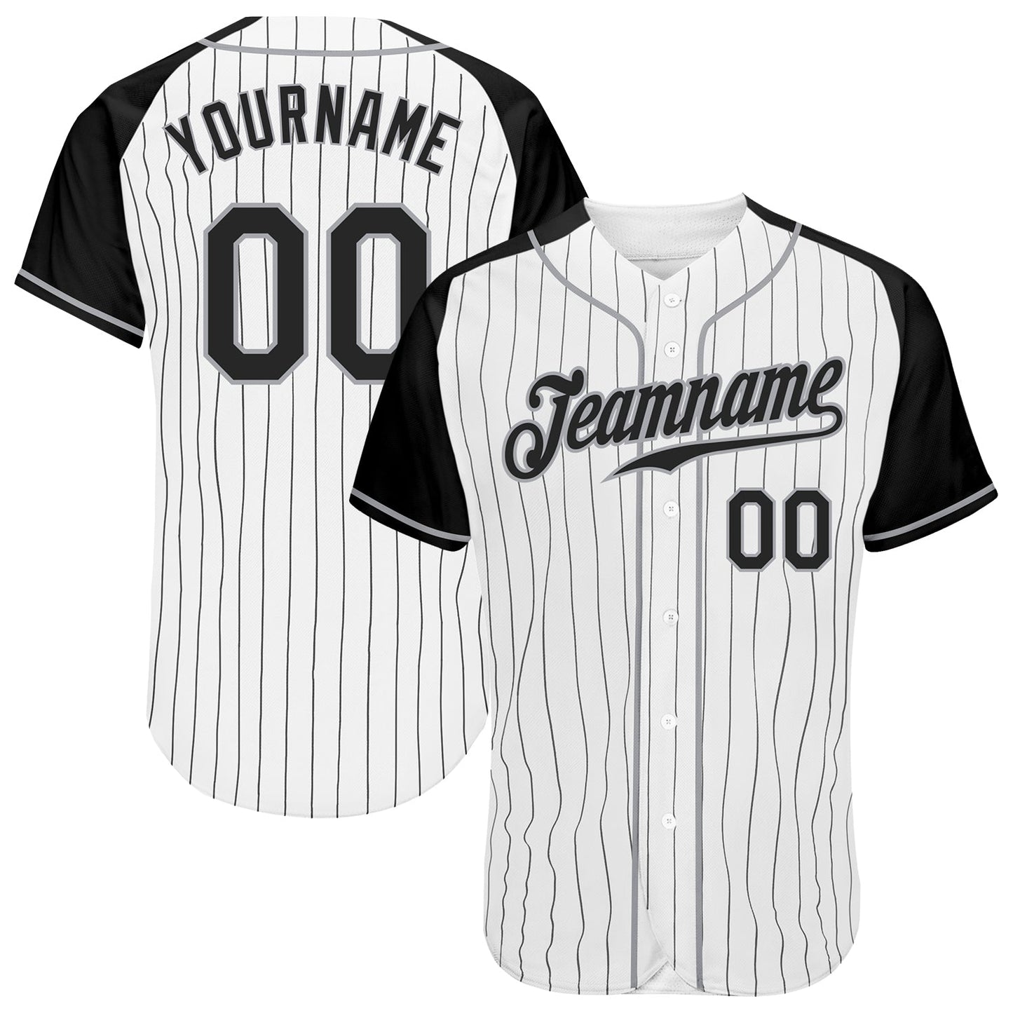 Custom White Black Pinstripe Black-Gray Authentic Raglan Sleeves Baseball Jersey baseball jersey product view 1