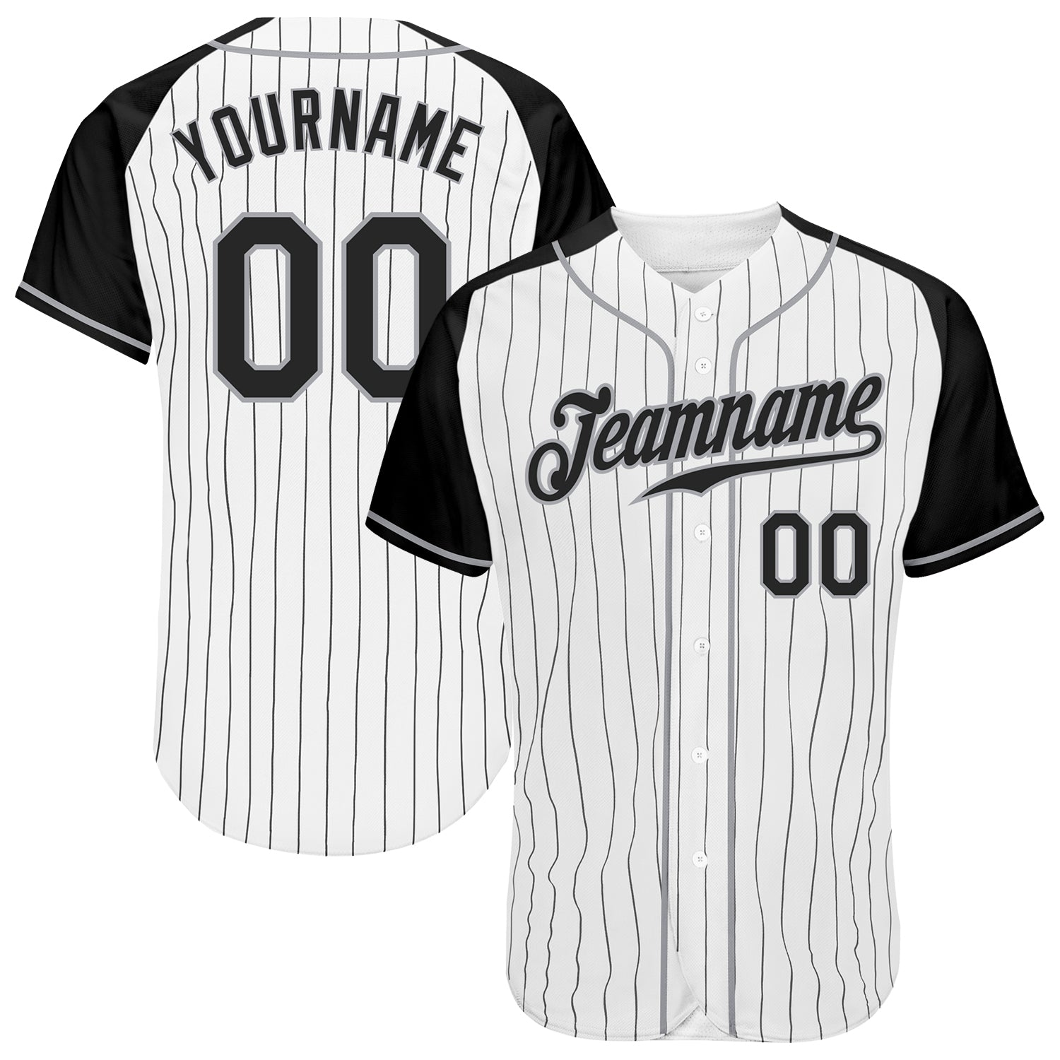 Custom White Black Pinstripe Black-Gray Authentic Raglan Sleeves Baseball Jersey baseball jersey product view 1