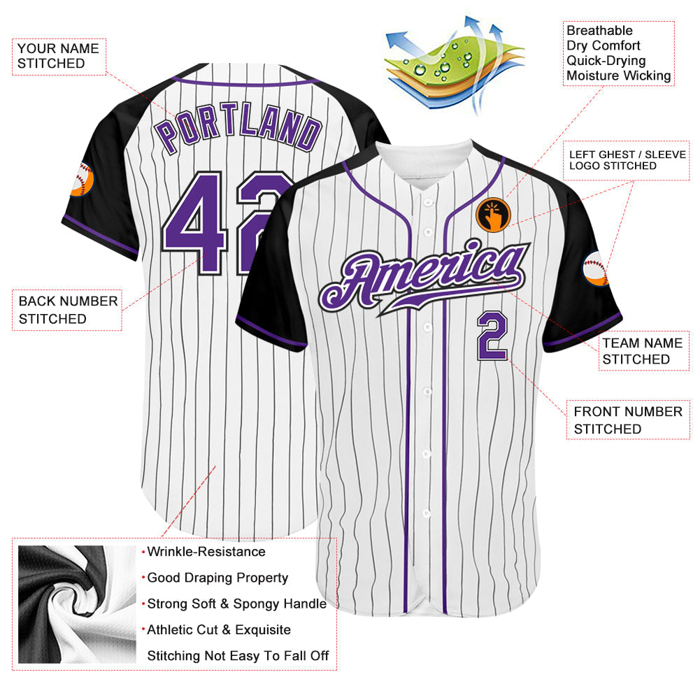Custom White Black Pinstripe Purple-Black Authentic Raglan Sleeves Baseball Jersey baseball jersey product view 3