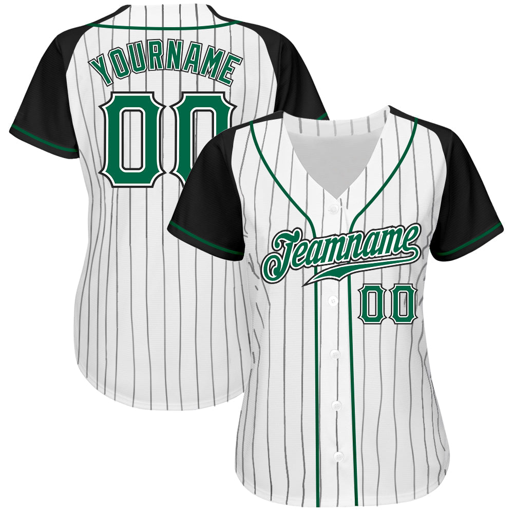 Custom White Black Pinstripe Kelly Green-Black Authentic Raglan Sleeves Baseball Jersey baseball jersey product view 2