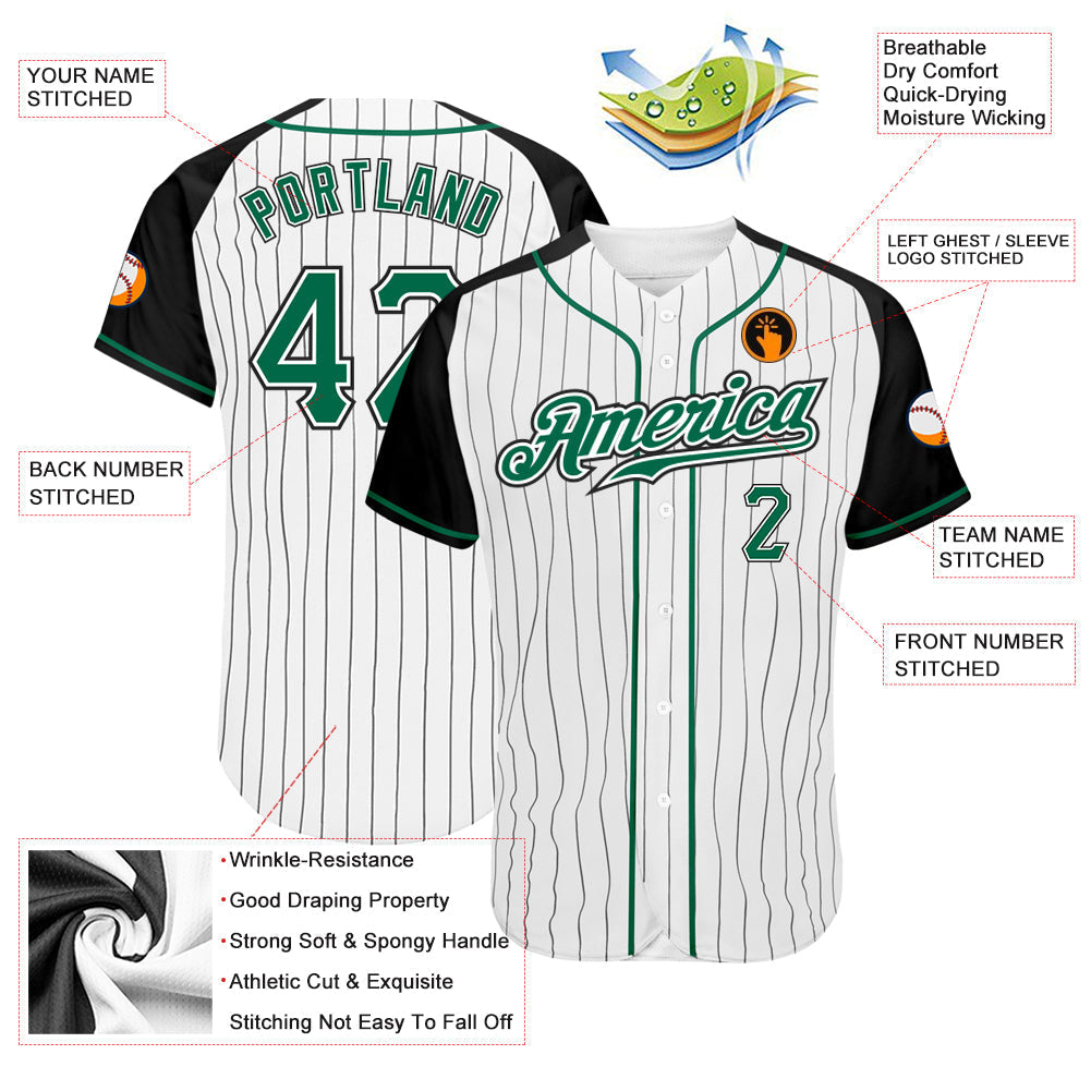 Custom White Black Pinstripe Kelly Green-Black Authentic Raglan Sleeves Baseball Jersey baseball jersey product view 3