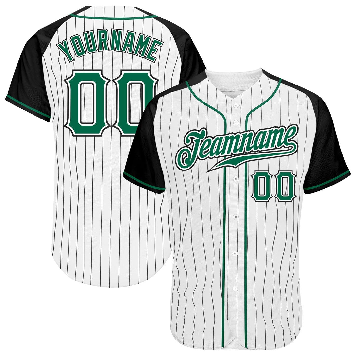 Custom White Black Pinstripe Kelly Green-Black Authentic Raglan Sleeves Baseball Jersey baseball jersey product view 1