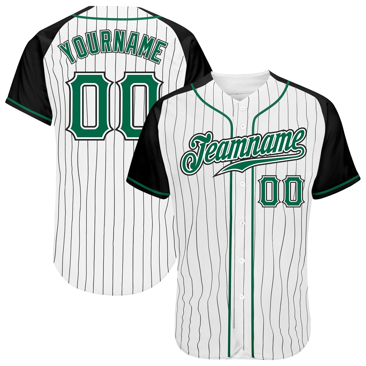 Custom White Black Pinstripe Kelly Green-Black Authentic Raglan Sleeves Baseball Jersey baseball jersey product view 1