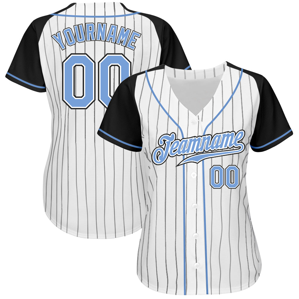 Custom White Black Pinstripe Light Blue-Black Authentic Raglan Sleeves Baseball Jersey baseball jersey product view 2