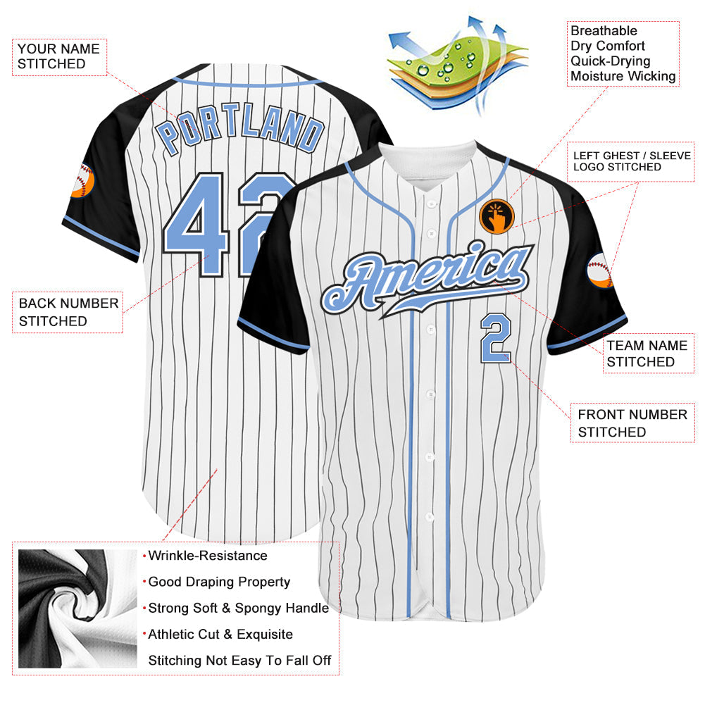 Custom White Black Pinstripe Light Blue-Black Authentic Raglan Sleeves Baseball Jersey baseball jersey product view 3