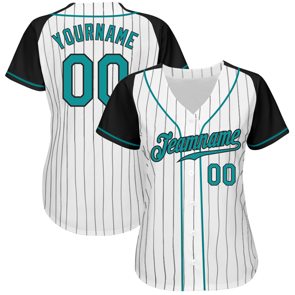 Custom White Black Pinstripe Teal-Black Authentic Raglan Sleeves Baseball Jersey baseball jersey product view 2