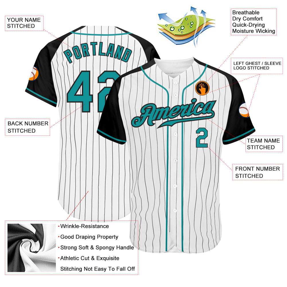 Custom White Black Pinstripe Teal-Black Authentic Raglan Sleeves Baseball Jersey baseball jersey product view 3