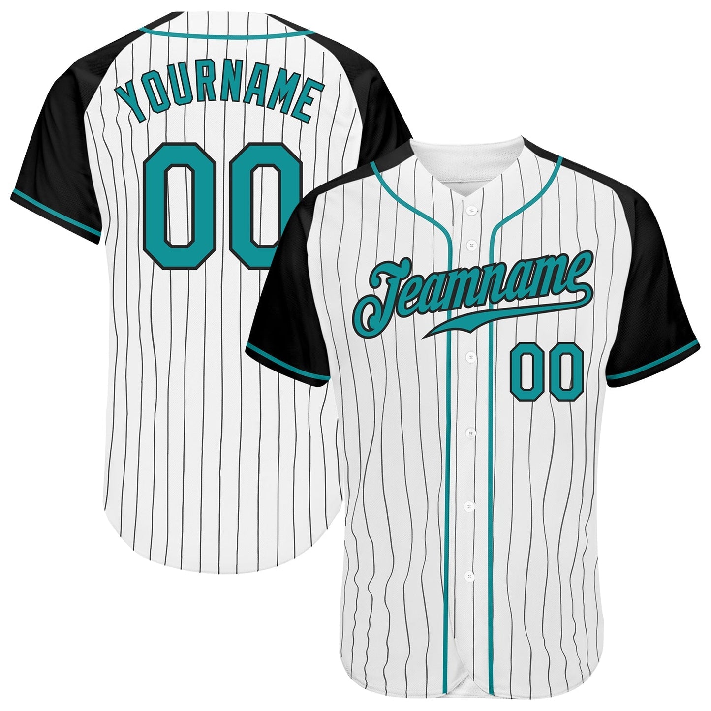 Custom White Black Pinstripe Teal-Black Authentic Raglan Sleeves Baseball Jersey baseball jersey product view 1