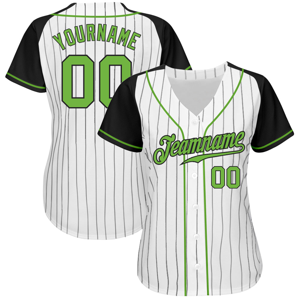 Custom White Black Pinstripe Neon Green-Black Authentic Raglan Sleeves Baseball Jersey baseball jersey product view 2