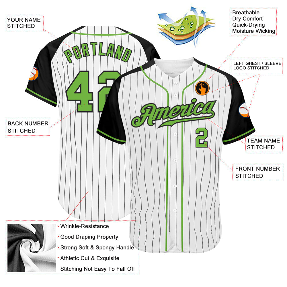 Custom White Black Pinstripe Neon Green-Black Authentic Raglan Sleeves Baseball Jersey baseball jersey product view 3