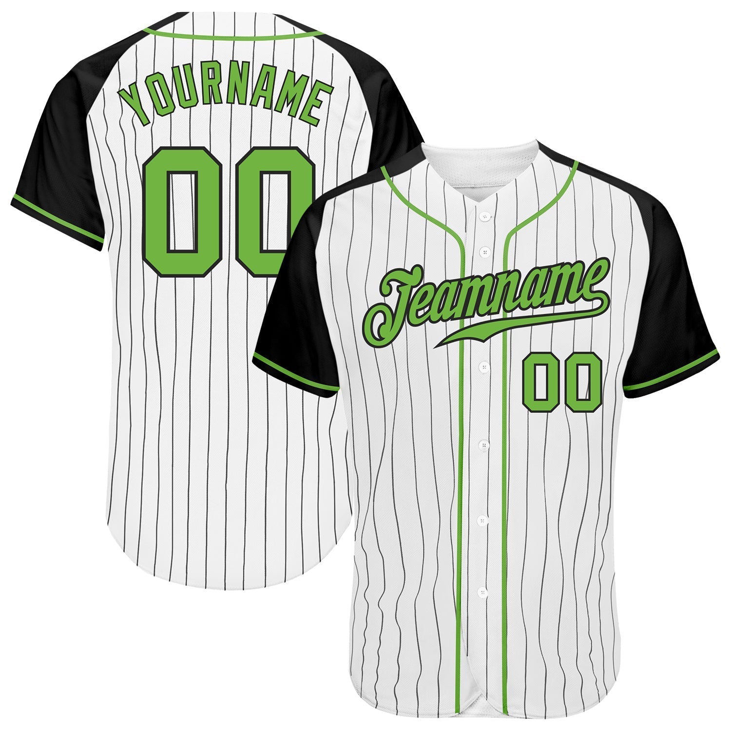 Custom White Black Pinstripe Neon Green-Black Authentic Raglan Sleeves Baseball Jersey baseball jersey product view 1