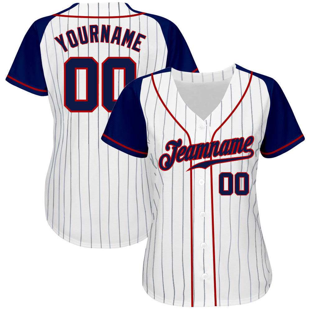 Custom White Navy Pinstripe Navy-Red Authentic Raglan Sleeves Baseball Jersey baseball jersey product view 3