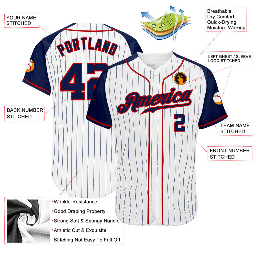 Custom White Navy Pinstripe Navy-Red Authentic Raglan Sleeves Baseball Jersey baseball jersey product view 4