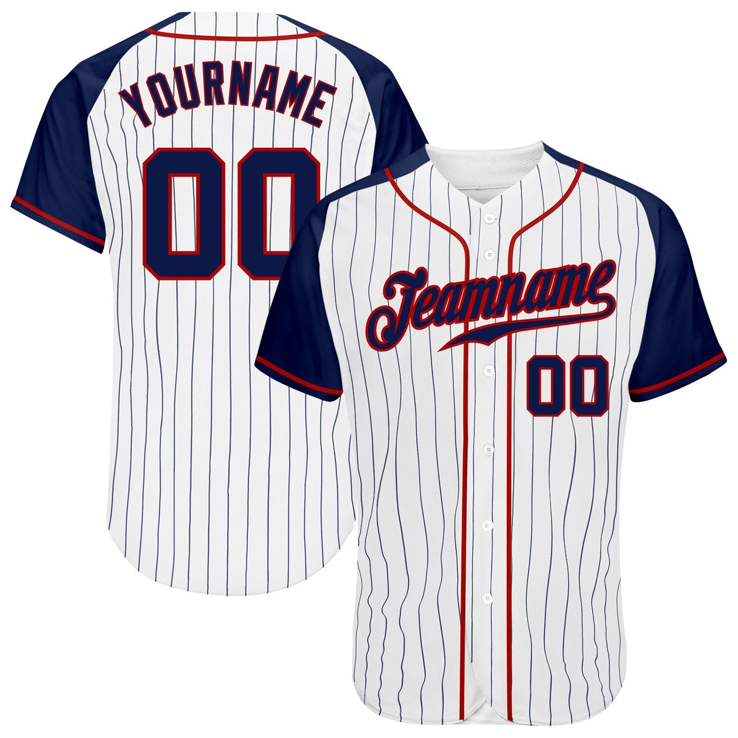 Custom White Navy Pinstripe Navy-Red Authentic Raglan Sleeves Baseball Jersey baseball jersey product view 1