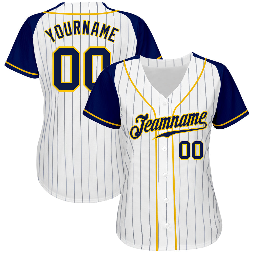 Custom White Navy Pinstripe Navy-Gold Authentic Raglan Sleeves Baseball Jersey baseball jersey product view 2