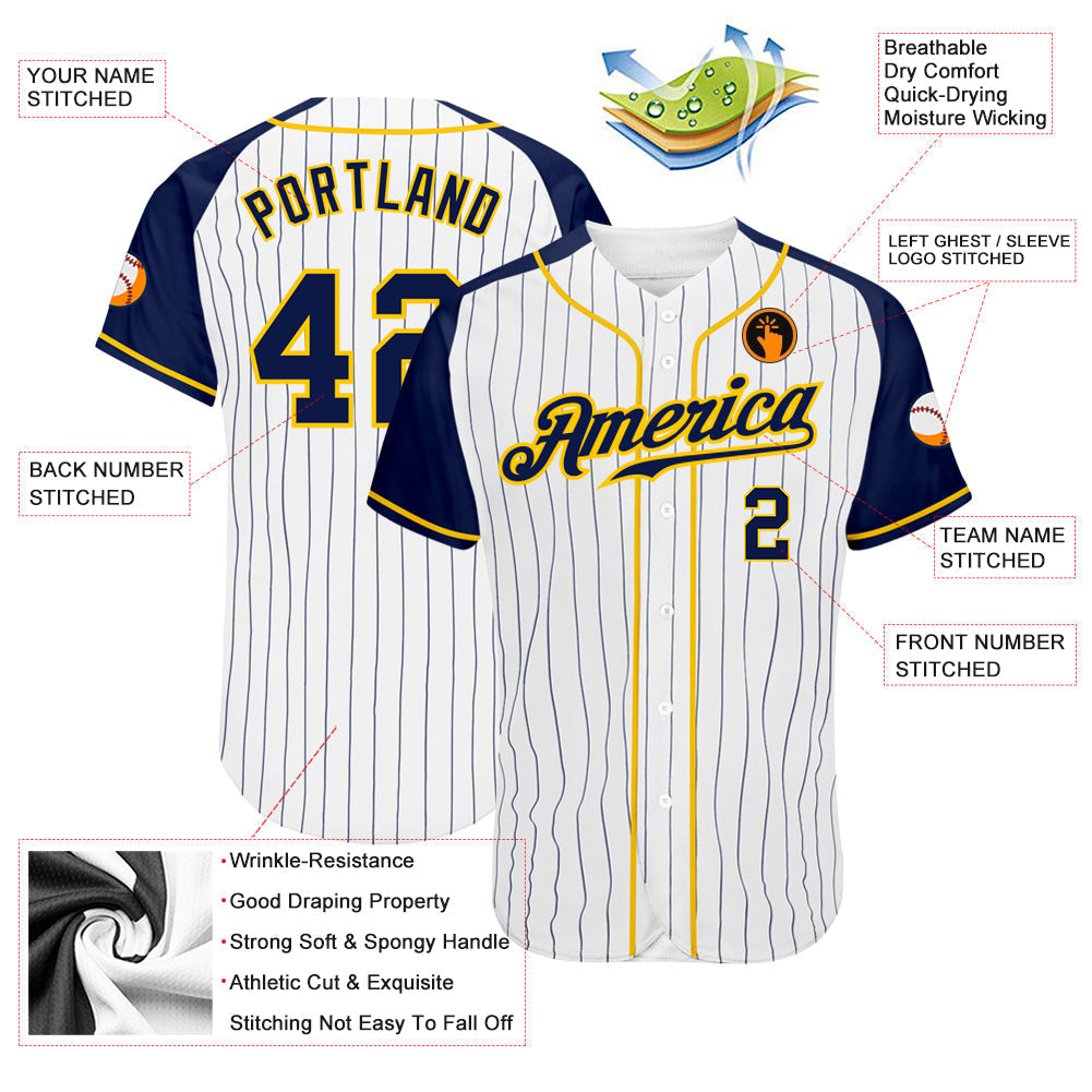 Custom White Navy Pinstripe Navy-Gold Authentic Raglan Sleeves Baseball Jersey baseball jersey product view 3