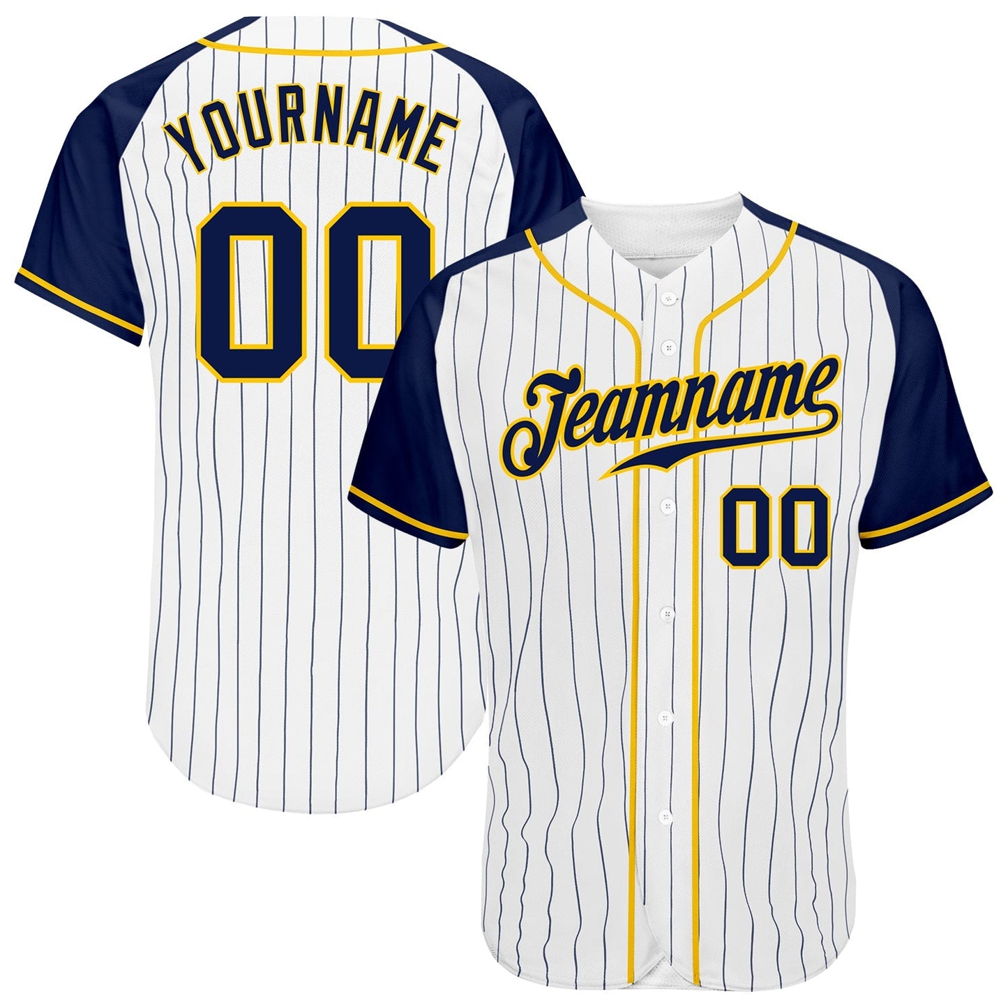 Custom White Navy Pinstripe Navy-Gold Authentic Raglan Sleeves Baseball Jersey baseball jersey product view 1