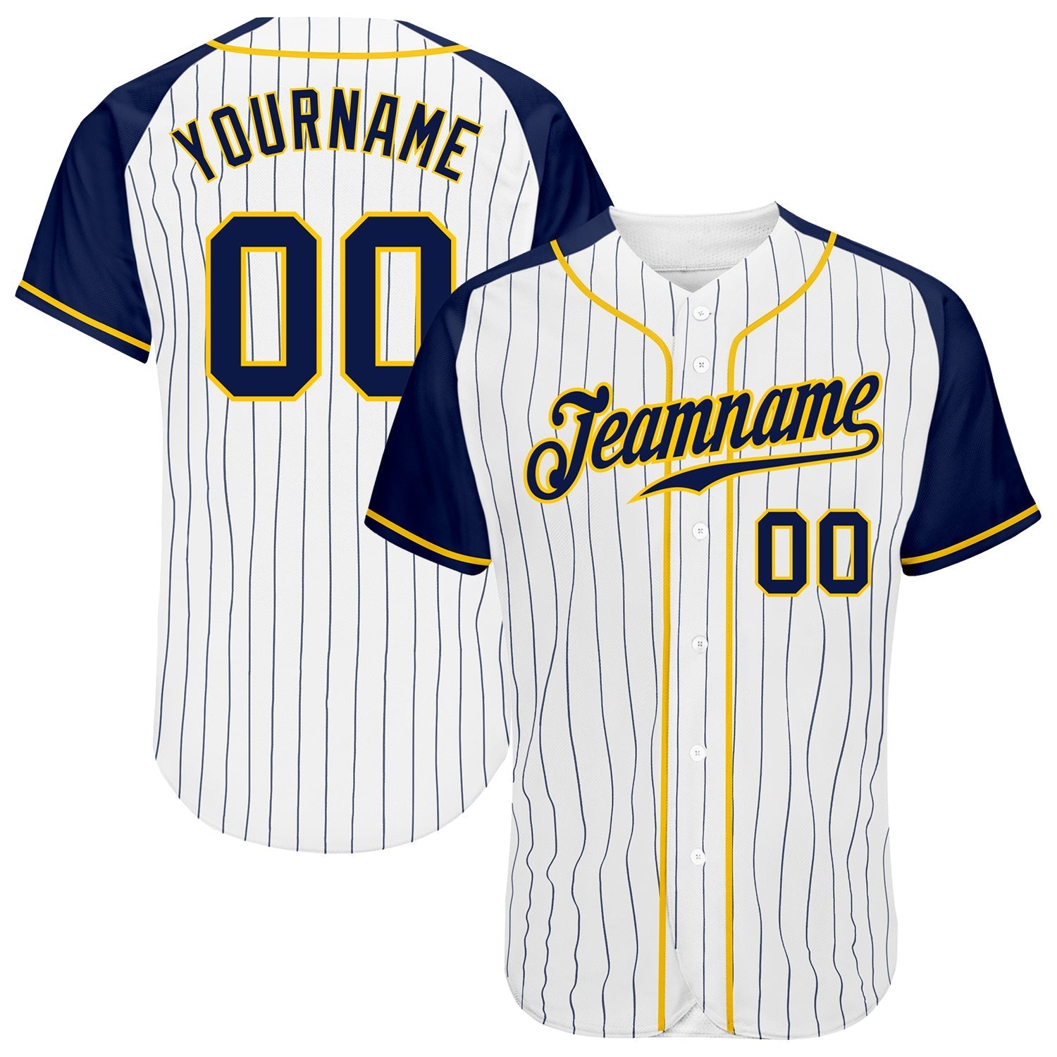 Custom White Navy Pinstripe Navy-Gold Authentic Raglan Sleeves Baseball Jersey baseball jersey product view 1