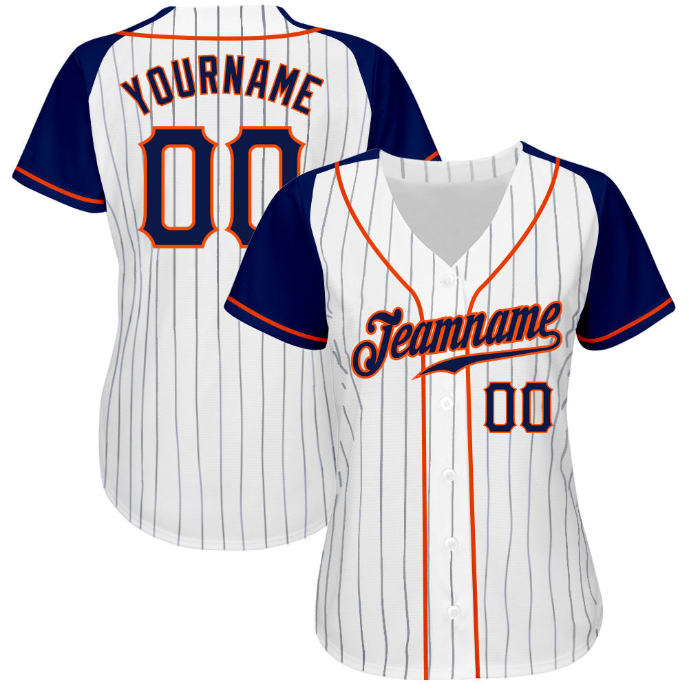 Custom White Navy Pinstripe Navy-Orange Authentic Raglan Sleeves Baseball Jersey baseball jersey product view 2