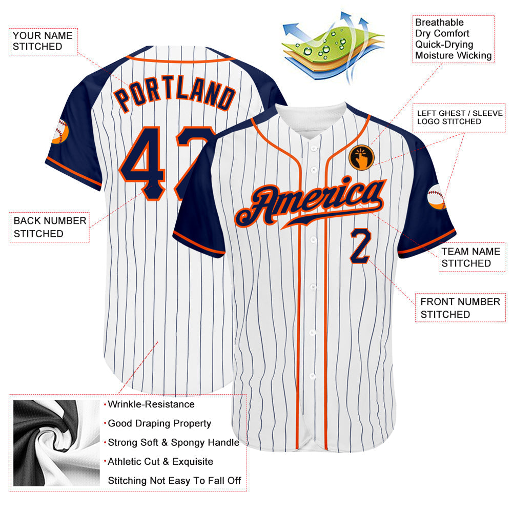 Custom White Navy Pinstripe Navy-Orange Authentic Raglan Sleeves Baseball Jersey baseball jersey product view 3