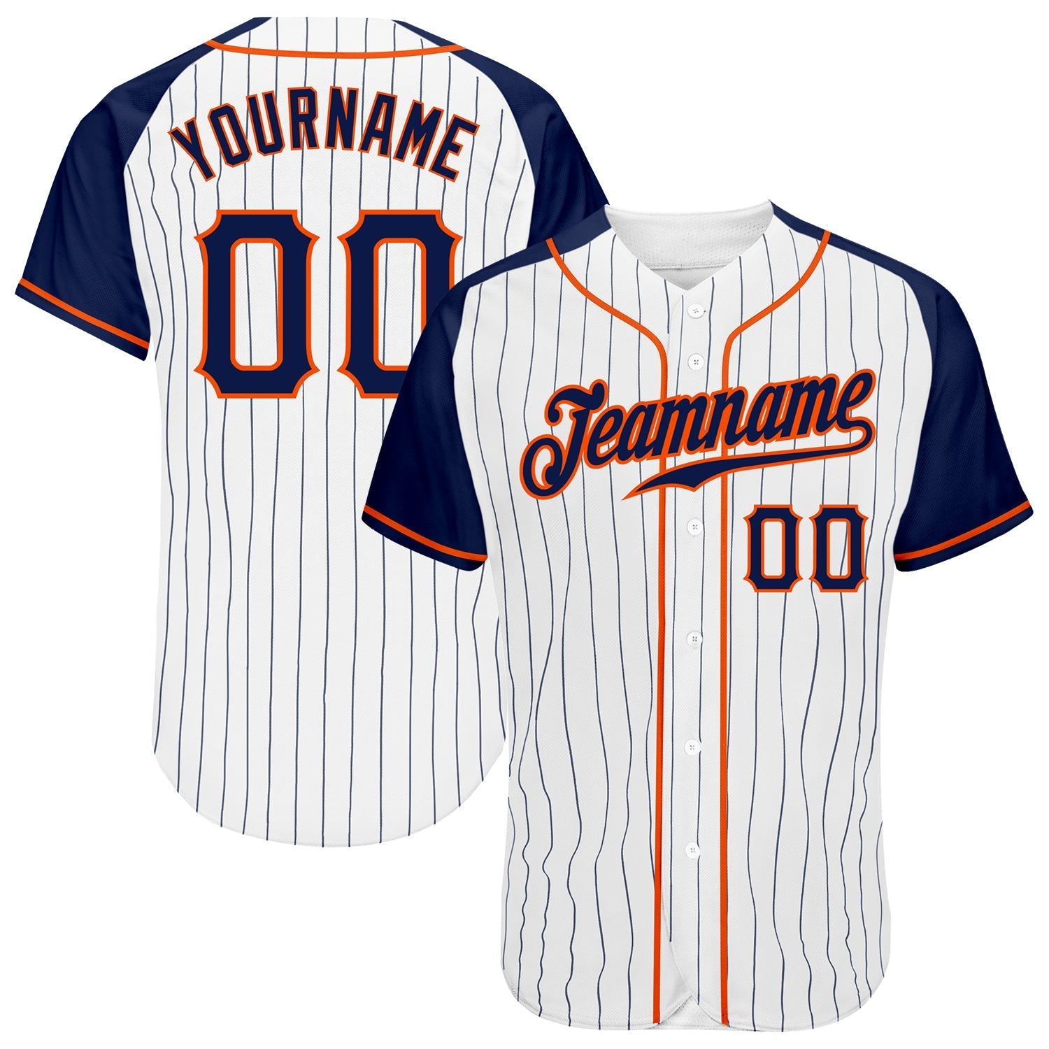 Custom White Navy Pinstripe Navy-Orange Authentic Raglan Sleeves Baseball Jersey baseball jersey product view 1