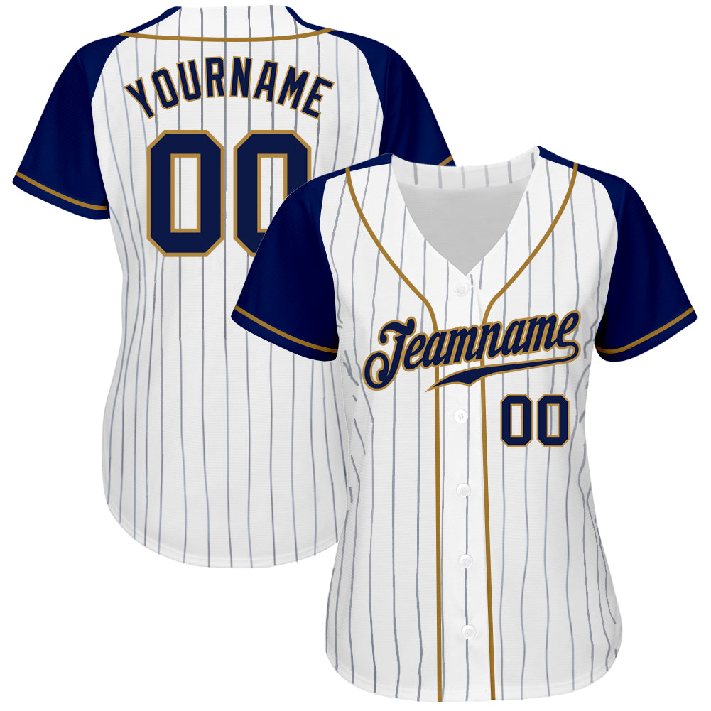 Custom White Navy Pinstripe Navy-Old Gold Authentic Raglan Sleeves Baseball Jersey baseball jersey product view 2