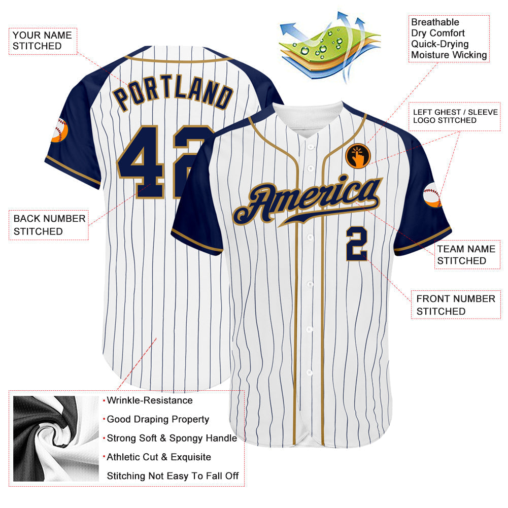 Custom White Navy Pinstripe Navy-Old Gold Authentic Raglan Sleeves Baseball Jersey baseball jersey product view 3